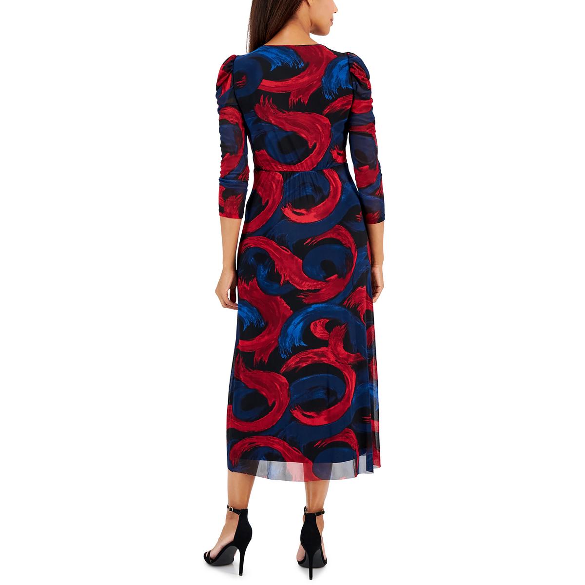 Anne Klein Womens Round Neck Puff Sleeves Midi Dress